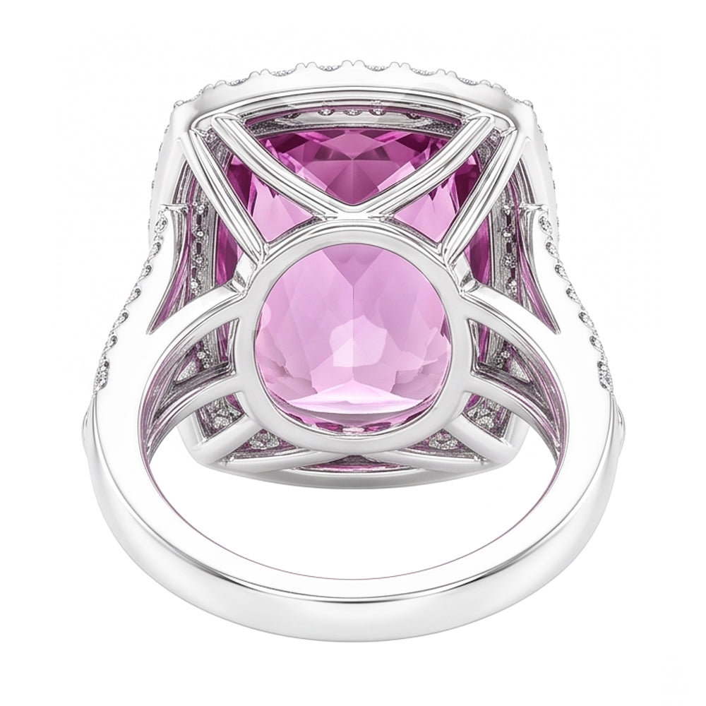 Cushion Cut Pink Kunzite Natural Earth Mined Diamond Fancy Ring 16.20 Carats White Gold
