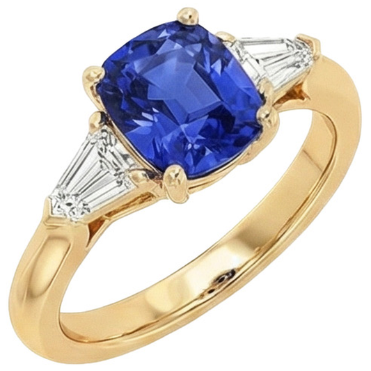 Cushion Deep Blue Ceylon Sapphire & Tapered Baguette Ring 9.50 Carats