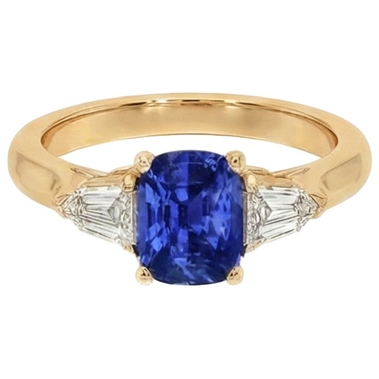Cushion Deep Blue Ceylon Sapphire & Tapered Baguette Ring 9.50 Carats