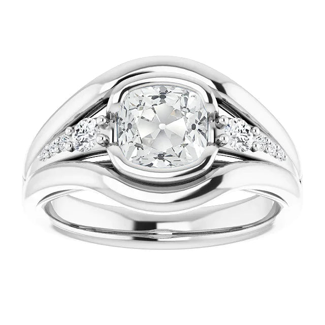 Cushion Old Cut Natural Diamond Ring Half Bezel Split Shank 4.25 Carats