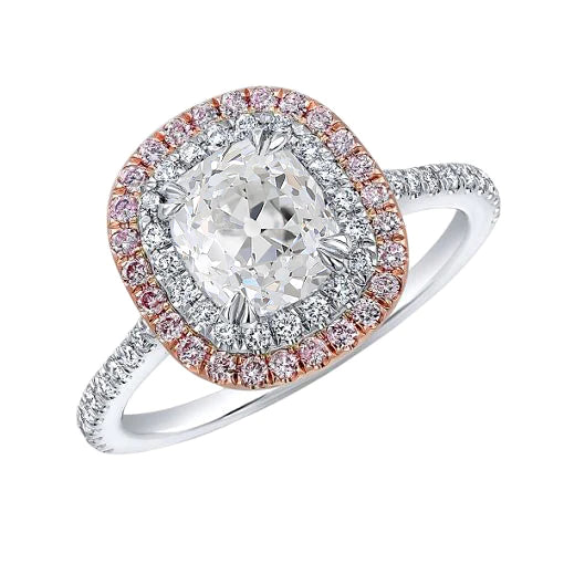 Cushion Old Mine Cut Real Diamond Double Halo Pink Sapphire Ring 6 Carats