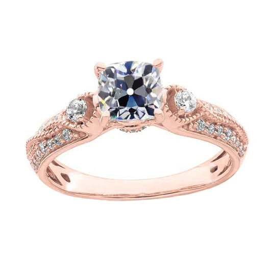 Cushion Old Mine Cut Real Diamond Ring 3 Stone Style Milgrain 4 Carats