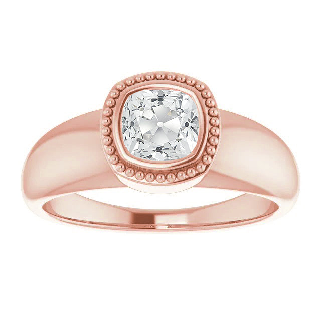 Cushion Old Miner Real Diamond Solitaire Ring Bezel Beaded Style 2 Carats