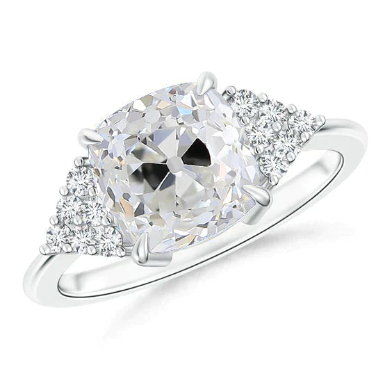 Cushion Real Diamond Eagle Claws Ring Old European White Gold Prong Setting