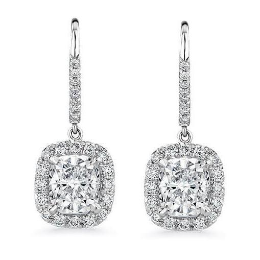 Cushion & Round 5 Carats Real Diamonds Dangle Earrings White Gold 14K