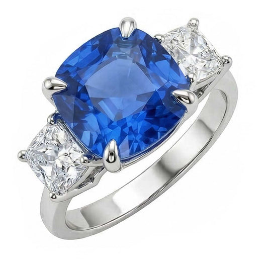 Cushion Sapphire 3 Stone Natural Earth Mined Diamond Ring Prong Gold Jewellery 4 Carats
