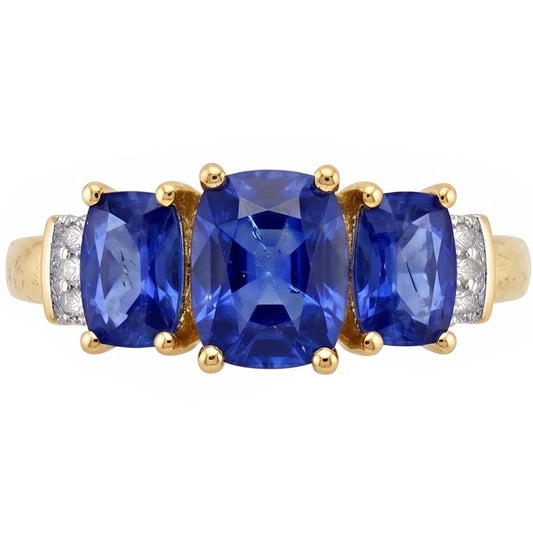 Cushion Sri Lanka Blue Sapphire Natural Earth Mined DIAMOND ( NOT LAB GROWN ) Ring 3-Stone 5.26 Carat YG 14K