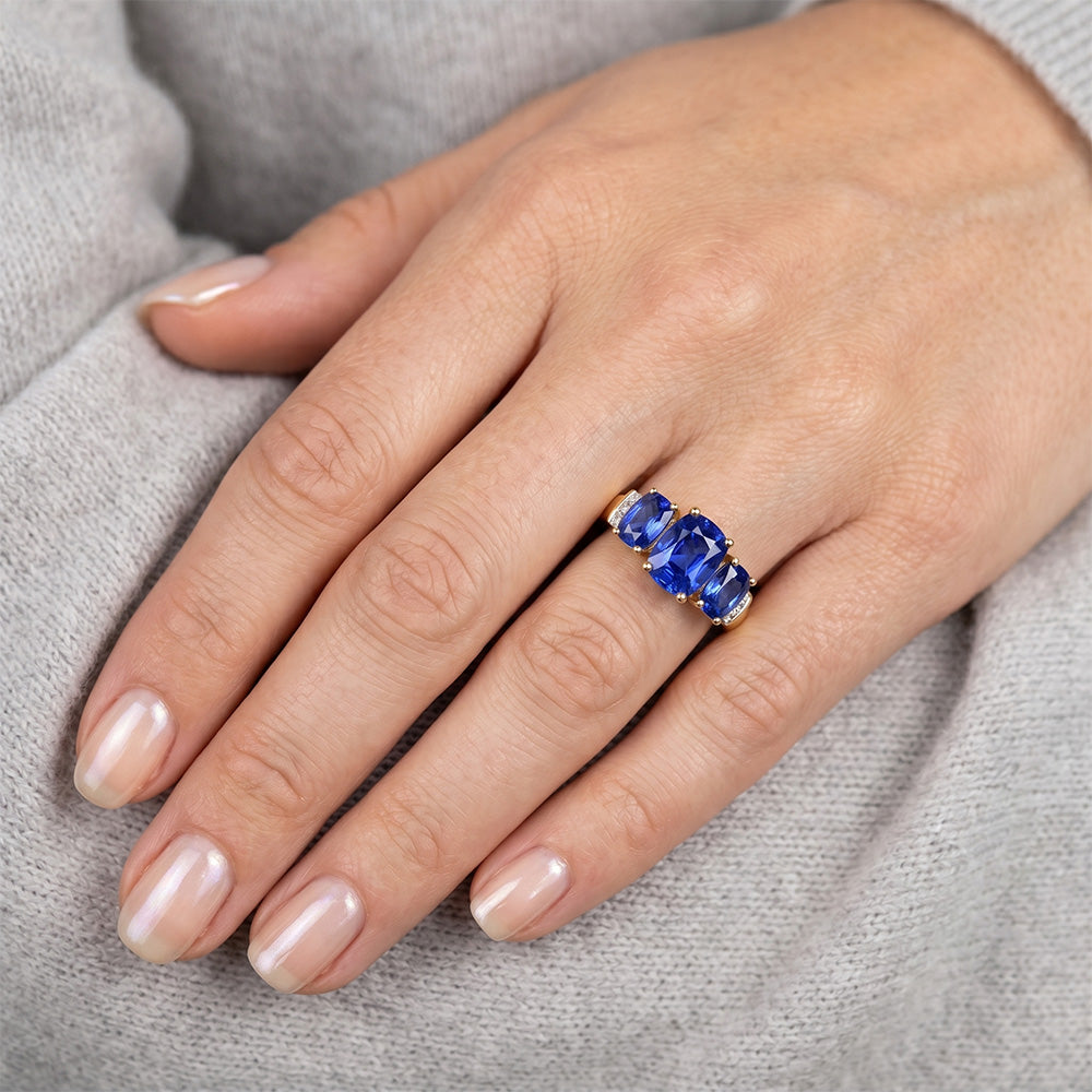 Cushion Sri Lanka Blue Sapphire Natural Earth Mined DIAMOND ( NOT LAB GROWN ) Ring 3-Stone 5.26 Carat YG 14K