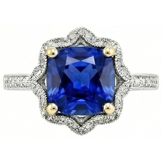 Cushion Sri Lanka Sapphire Natural Earth Mined DIAMOND ( NOT LAB GROWN )s Ring 5.66 Ct. Two Tone Gold