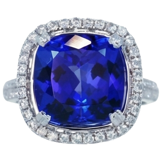Cushion Tanzanite And Natural Earth Mined Diamond 6.50 Ct Wedding Ring 14K Gold