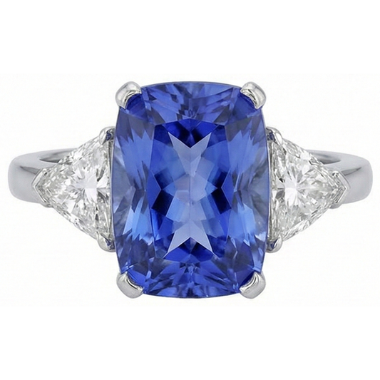 Cushion Tanzanite And Natural Earth Mined DIAMOND ( NOT LAB GROWN )s 3 Stone Ring 5 Carat White Gold