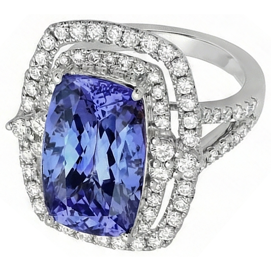 Cushion Tanzanite & Natural Earth Mined DIAMOND ( NOT LAB GROWN ) 7 Carats Halo Fancy Ring Gold White 14K
