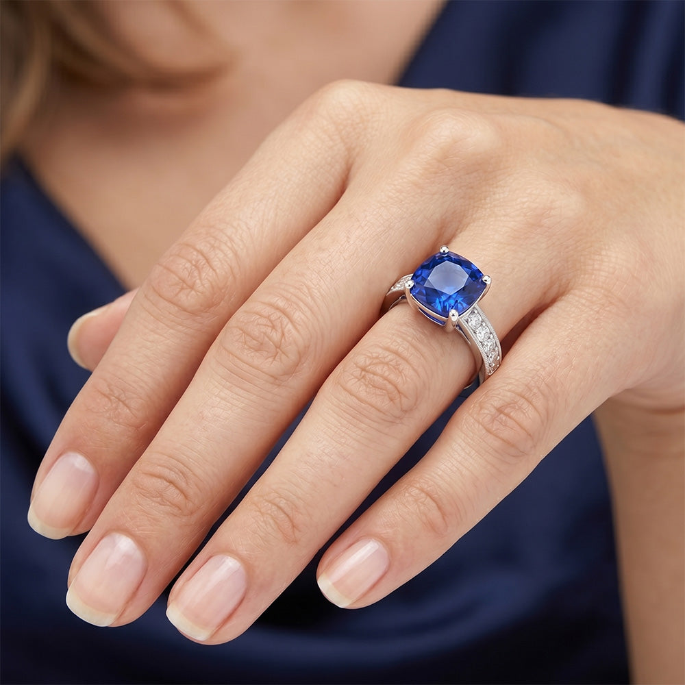Cushion & Round Cut 3.30 Carats Ceylon Sapphire Natural Earth Mined DIAMOND ( NOT LAB GROWN )s Ring WG 14K