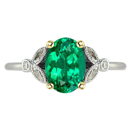 Fine Emerald Oval Cut Precious Stone Ring in Two-Tone 14K Gold – main view