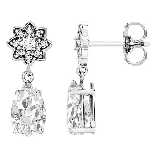 Dangle Earrings Pear Natural Old Miner & Round Diamonds 7.50 Ct. Star Style