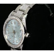 Date Rolex 34 Mm Watch Iced Out Custom Natural Earth Mined Diamonds Blue Dial Bezel Ss