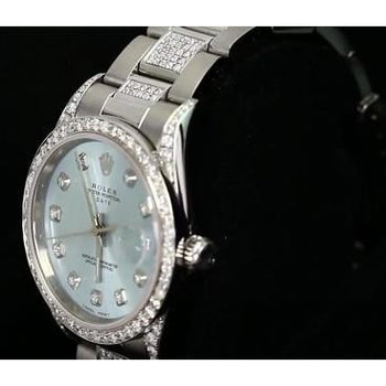 Date Rolex 34 Mm Watch Iced Out Custom Natural Earth Mined Diamonds Blue Dial Bezel Ss