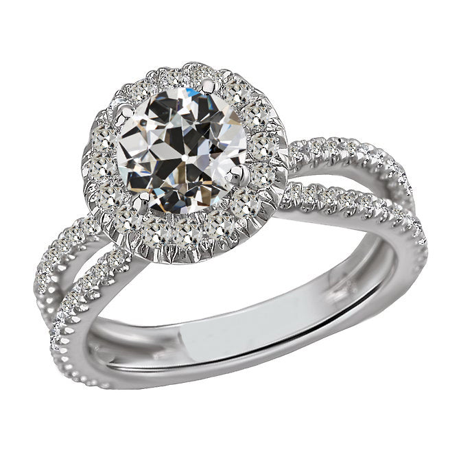 Diamond Halo Ring Round Old European Split Shank 14K Gold Real 6 Carats