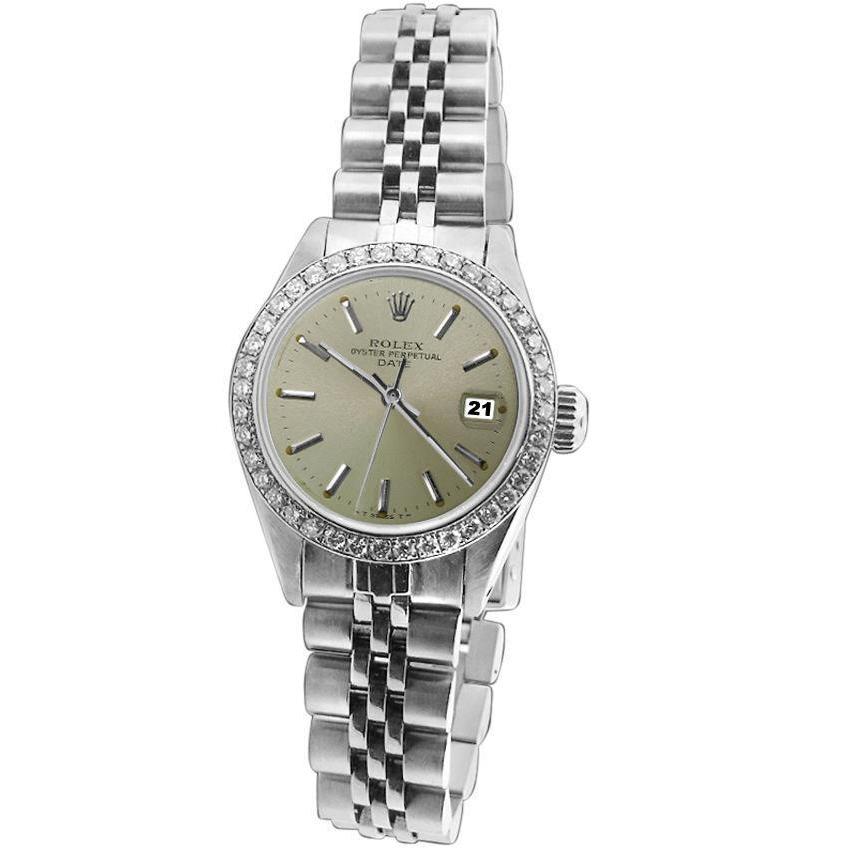 Diamond Bezel Gray Stick Dial Date Watch Stainless Steel Jubilee