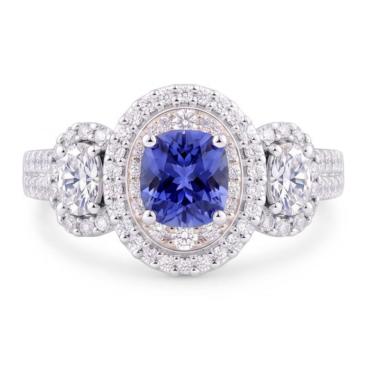 Double Halo Cushion Sapphire Ring 3 Carats White Gold 14K