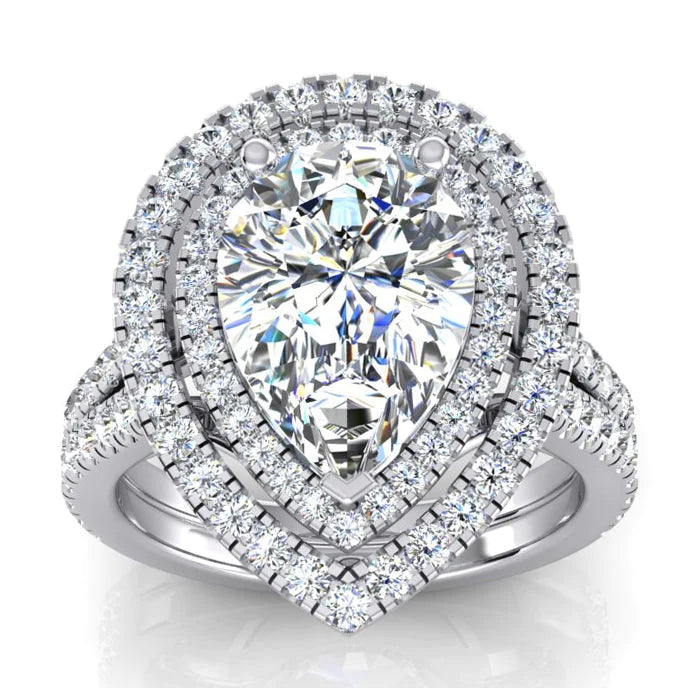 Double Halo Genuine Pear Diamond Engagement Ring Set Gold 14K 6 Carats