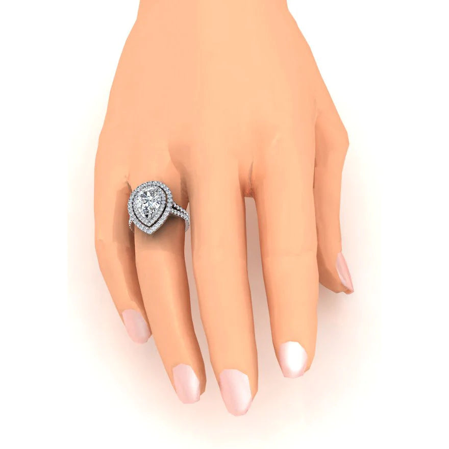 Double Halo Genuine Pear Diamond Engagement Ring Set Gold 14K 6 Carats
