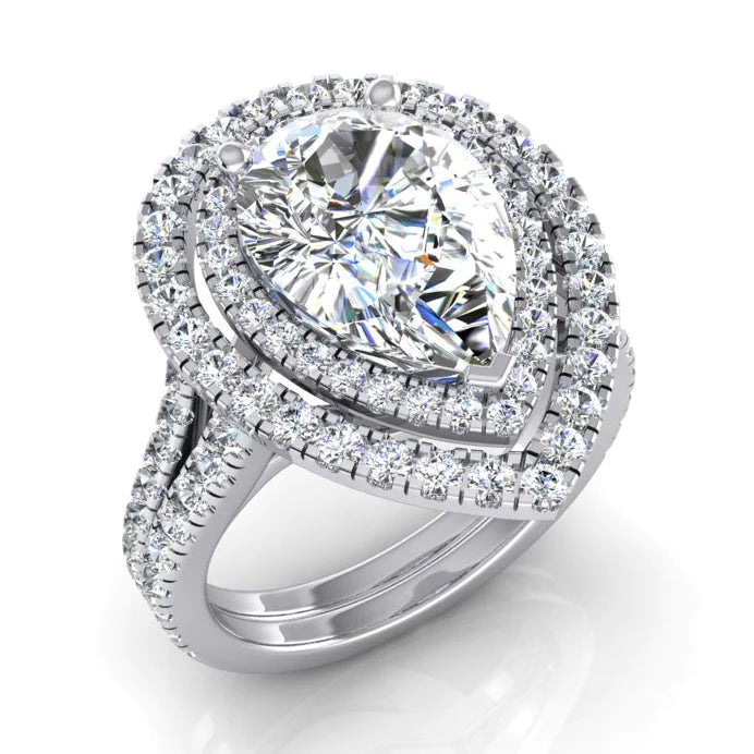 Double Halo Genuine Pear Diamond Engagement Ring Set Gold 14K 6 Carats