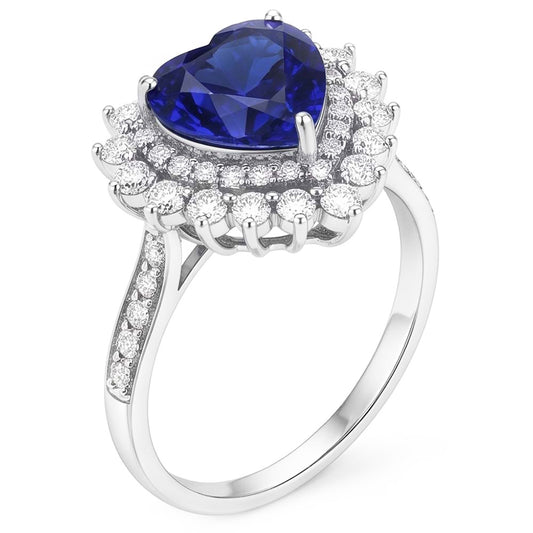 Double Halo Heart Ceylon Sapphire Ring Flower Style 4 Carats