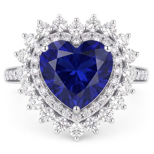 Double Halo Heart Ceylon Sapphire Ring Flower Style 4 Carats