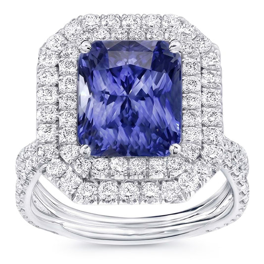 Double Halo Natural Earth Mined Diamond Gold Sapphire Engagement Ring Split Shank 4 Carats