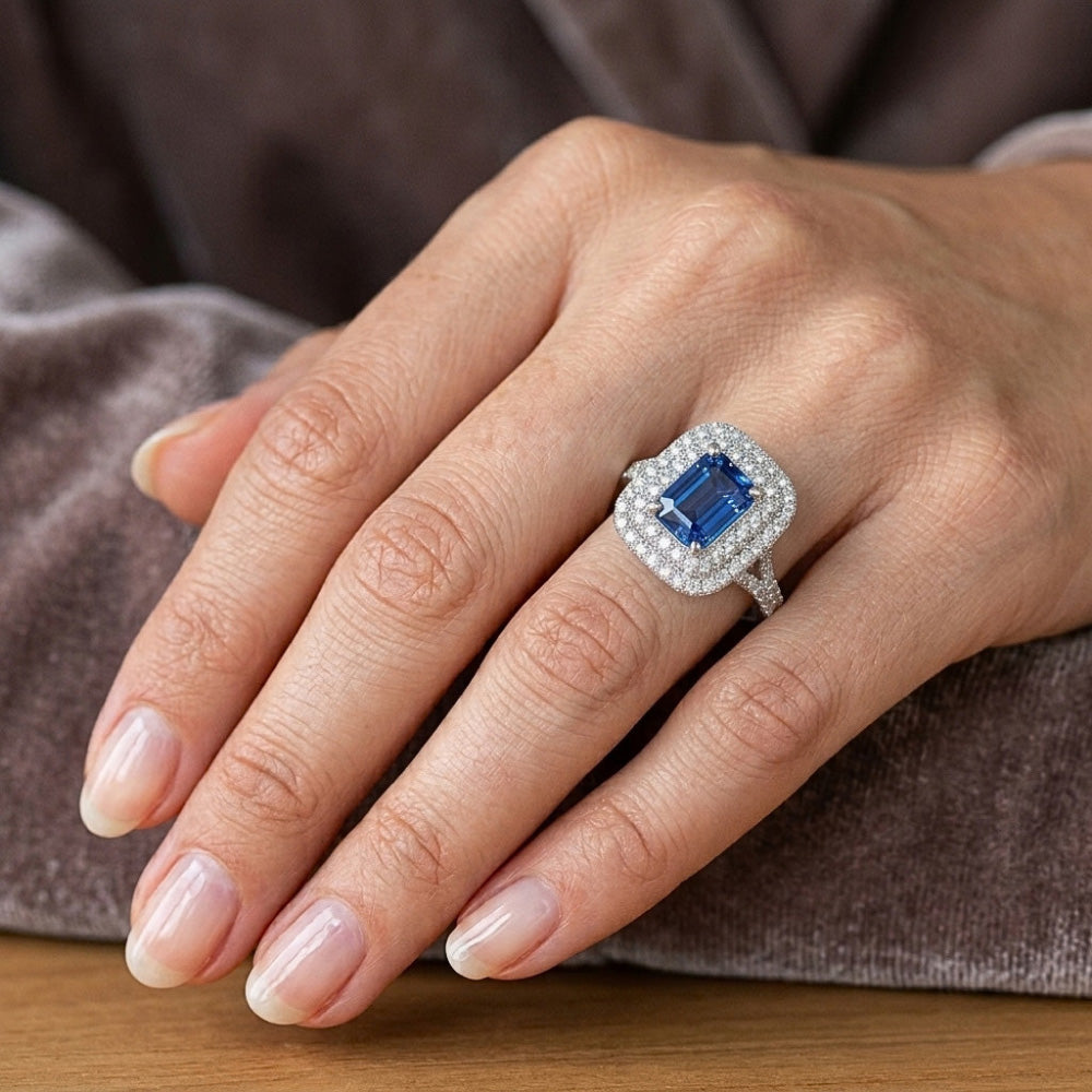Double Halo Ring Emerald Shaped Natural Blue Sapphire 4 Carats