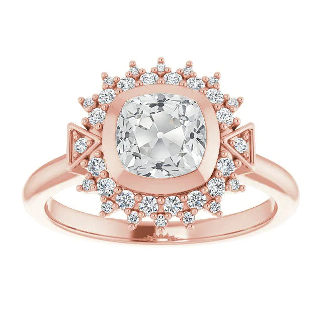 Double Halo Ring Real Old Miner Diamonds Bezel Set 5 Carats Flower Style