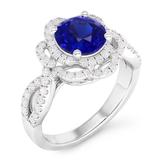 Double Halo Round Blue Sapphire Ring Flower Style 5 Carats Split Shank