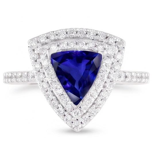 Double Halo Trillion Blue Sapphire Ring 2 Carats Accented Natural Earth Mined Diamonds