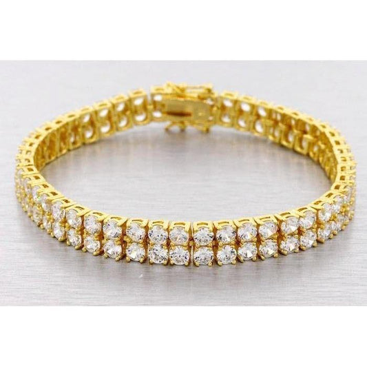 Double Row Sparkling 15.50 Carats Men Tennis Bracelet Genuine Yellow Gold 14K