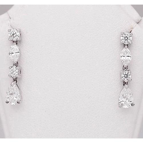 Drop Real Diamond Earring Pear Round Marquise 4.50 Carats White Gold 14K