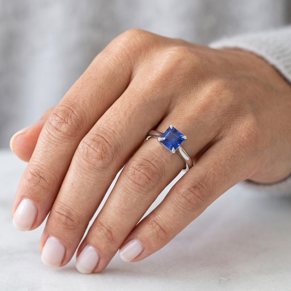 Eagle Claw Prongs Asscher Solitaire Natural Blue Sapphire Ring Jewellery