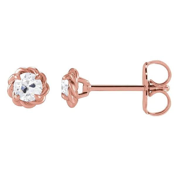 Eagle Claw Prongs Rose Gold Stud Earrings Genuine Old Cut Diamond Push Backs