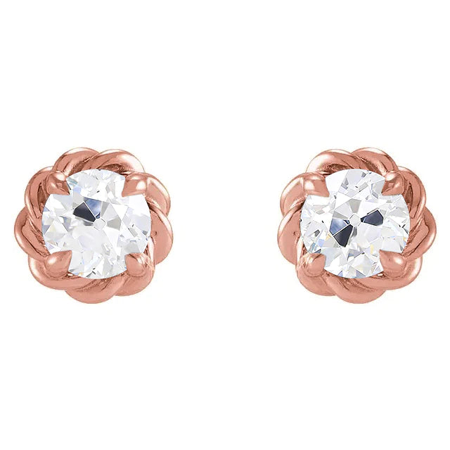 Eagle Claw Prongs Rose Gold Stud Earrings Genuine Old Cut Diamond Push Backs
