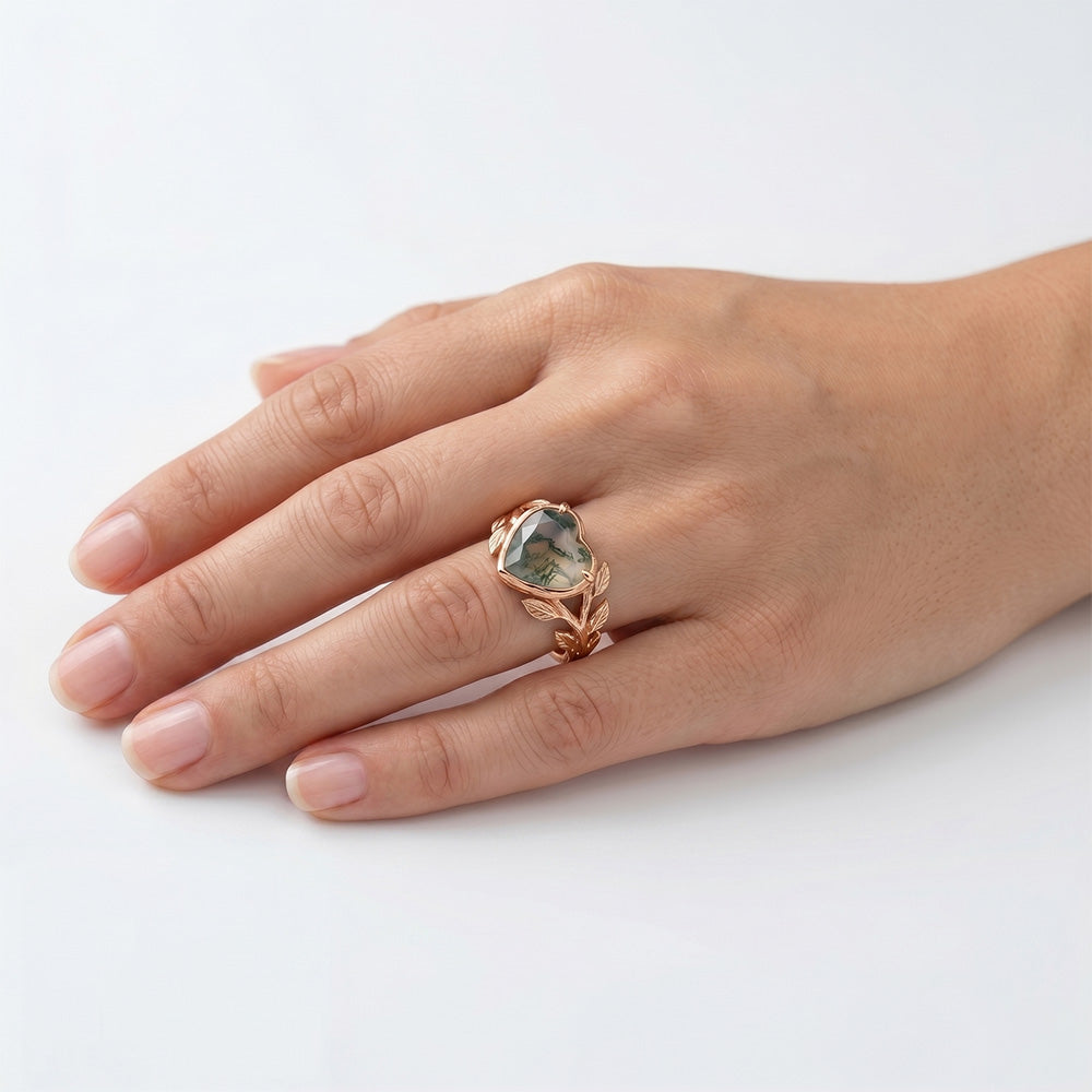 Earth-Mined Heart Dendritic Agate Precious Stone Ring 2 ct