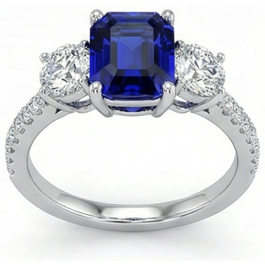 Emerald Blue Sapphire 3 Stone Style Ring With Accents 7 Ct Gold 14K