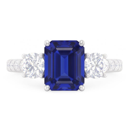 Emerald Blue Sapphire 3 Stone Style Ring With Accents 7 Ct Gold 14K