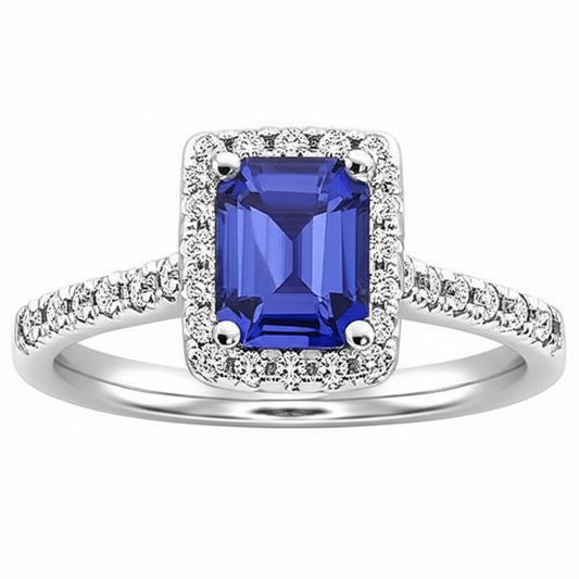 Emerald Cut Blue Sapphire Halo Ring with Natural Earth Mined Diamond 4.25 Carats