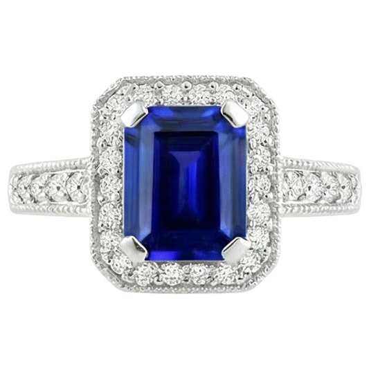 Emerald Cut Blue Sapphire Natural Earth Mined DIAMOND ( NOT LAB GROWN ) Engagement Ring 2.20 Carats Gold 14K