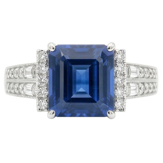 Emerald Gemstone Ring Bar Set Blue Sapphire Double Shank 3.50 Carats