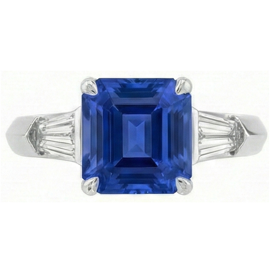 Emerald Gemstone Ring Ceylon Sapphire 6 Carat Tapered Baguette Natural Earth Mined Diamond
