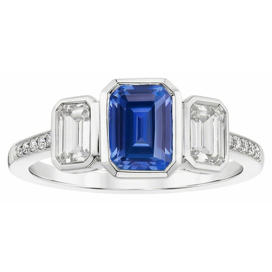 Emerald Natural Earth Mined Diamond Bezel Set Blue Sapphire Ring 3 Stone Style 2.50 Carats