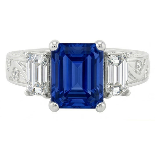 Emerald Natural Earth Mined Diamond Vintage Style Ring 2 Carat Blue Sapphire Radiant Shape