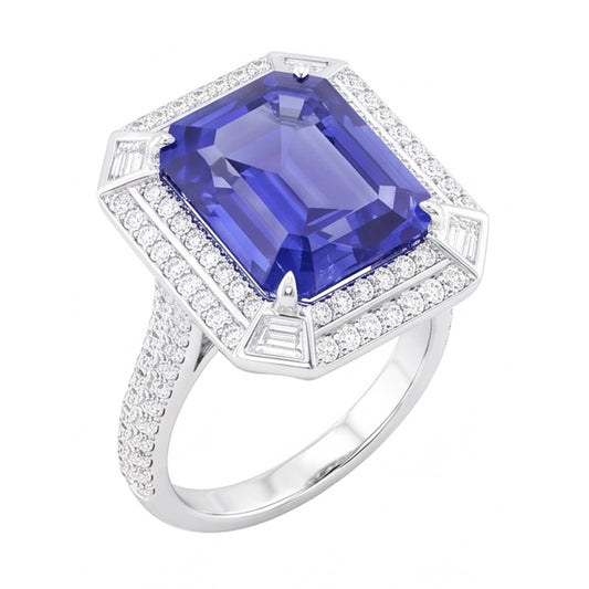 Emerald Shaped Natural Earth Mined Diamond Blue Sapphire Ring 4.50 Carats Pave Set Accents