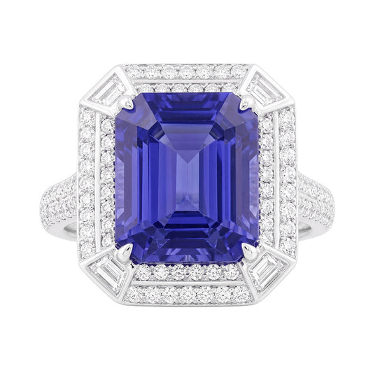 Emerald Shaped Natural Earth Mined Diamond Blue Sapphire Ring 4.50 Carats Pave Set Accents